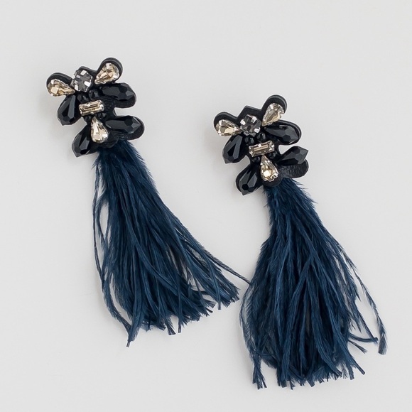 Stella & Dot Navy French Twist Feather Earrings Crystal Rhinestone Drop Dangle - Picture 2 of 10
